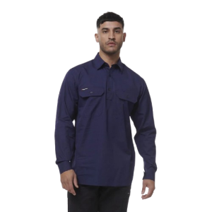 KING GEE WORK COOL CLOSED FRONT LONG SLEEVE NAVY