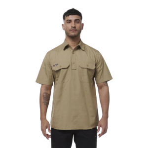 KING GEE WORK COOL CLOSED FRONT SHORT SLEEVE K14032 KHAKI